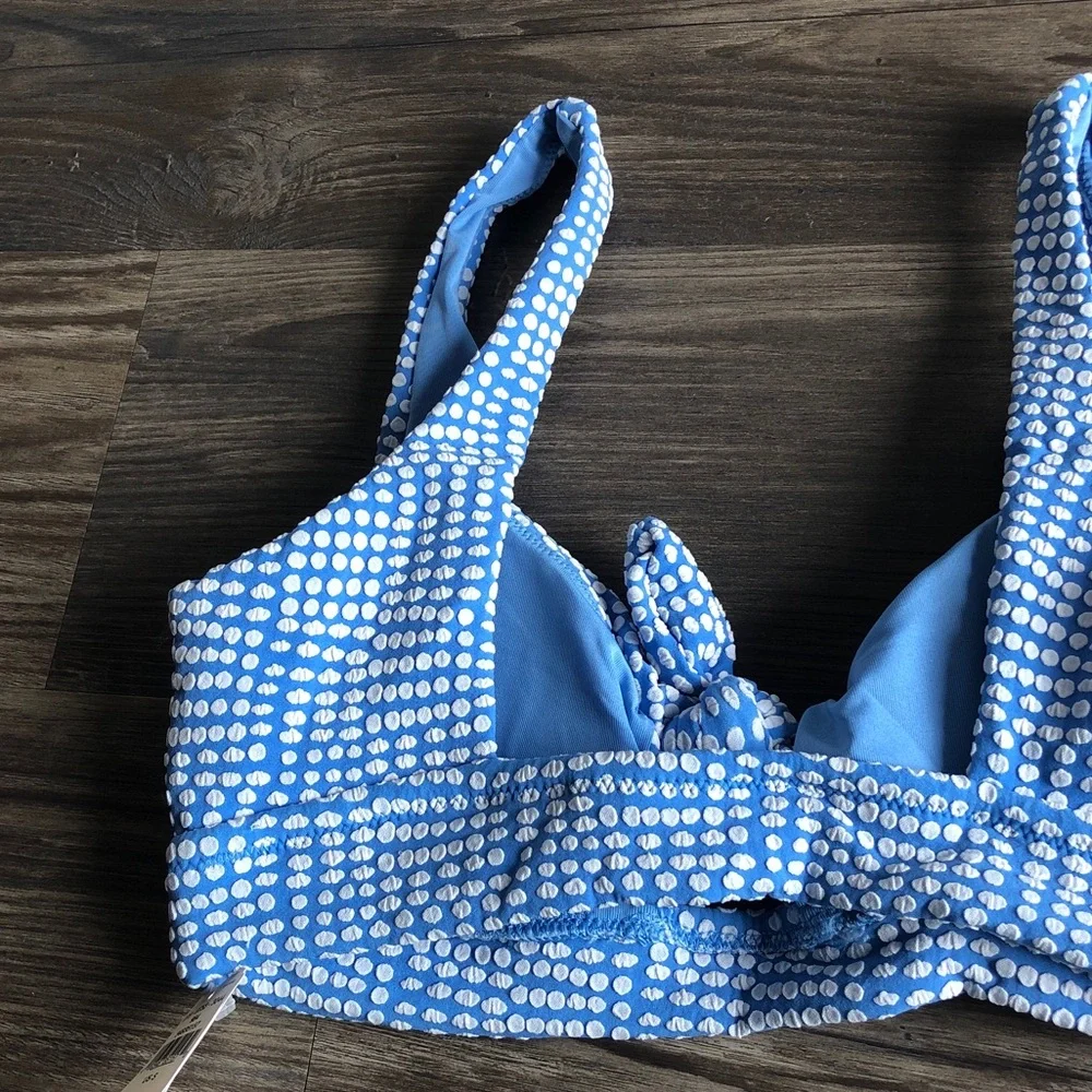 NWT Aerie Scoop Knot Front Bikini Top Blue White Jacquard Polka Dot